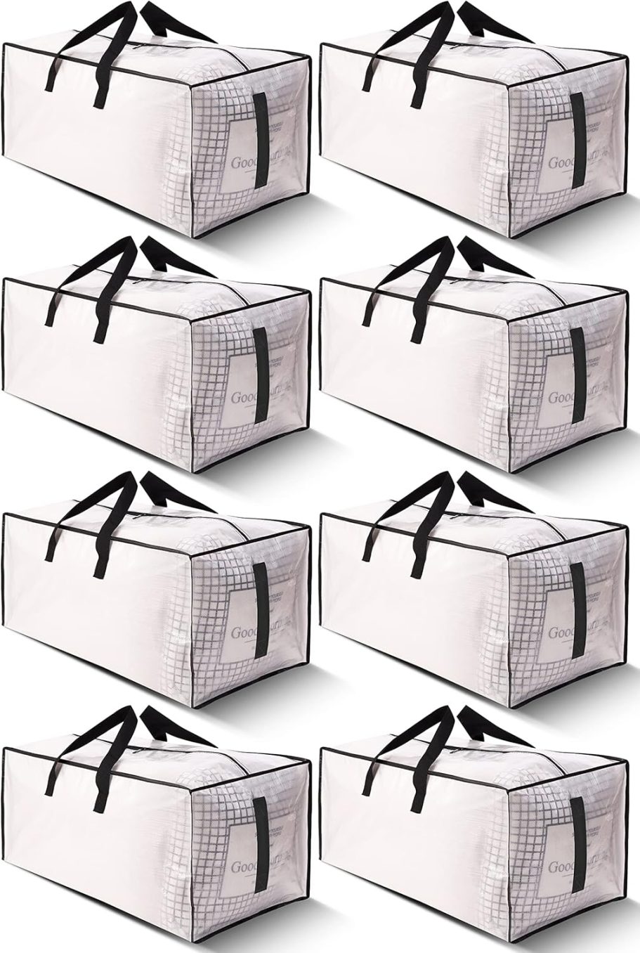 HOMESURE 8 Pack Large Strong Moving Bags with Zippers & Carrying Handles - Water-Resistant - Heavy Duty Storage Tote for Space Saving, Fold Flat, Alternative to Moving Box (Semi-Transparent)