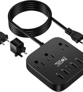 European Travel Plug Adapter, FOVAL EU UK US Power Strip with USB C and 4 USB Ports, 3 AC Outlets, Wall Mountable, 5ft Extension Cord, Compact for Travel, Cruise Ship, Home Office (Black)