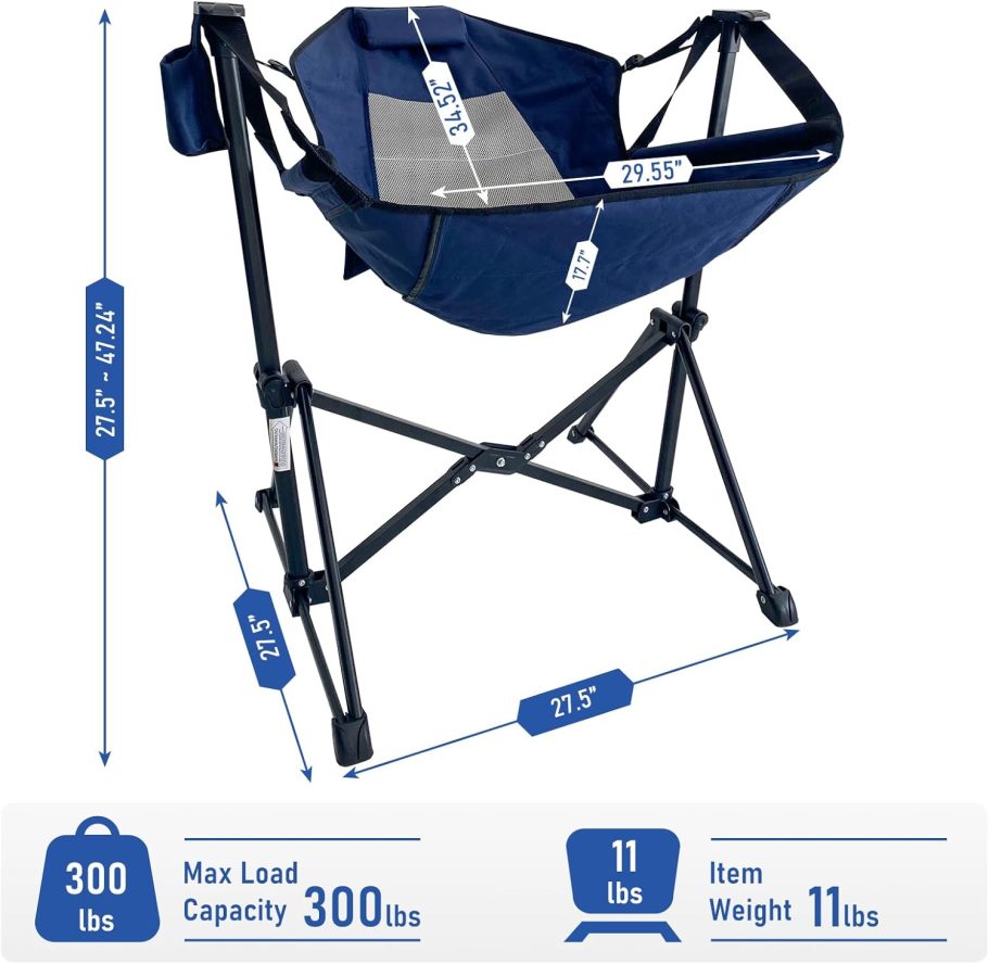 Hammock Camping Chair, Outdoor Swinging Rocking Camping Chair, Folding Adjustable Back Portable Hammock Chairs for Patio, Backyard and Picnic, Supports 300LBS, Blue - Image 3