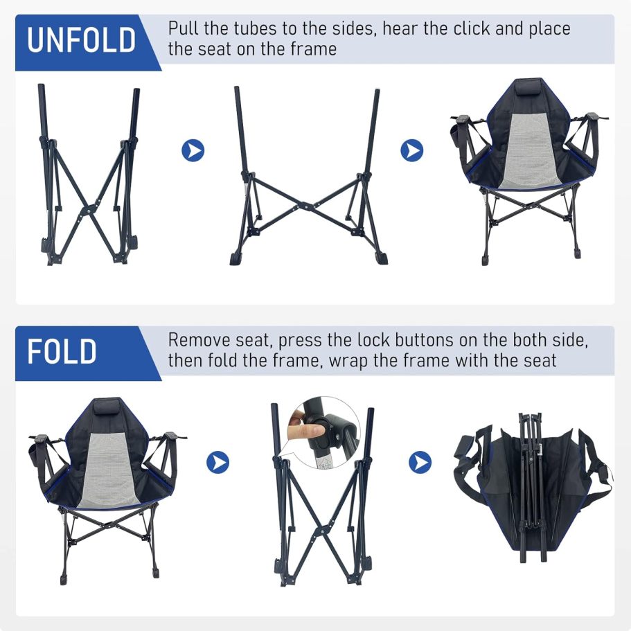 Hammock Camping Chair, Outdoor Swinging Rocking Camping Chair, Folding Adjustable Back Portable Hammock Chairs for Patio, Backyard and Picnic, Supports 300LBS, Blue - Image 6